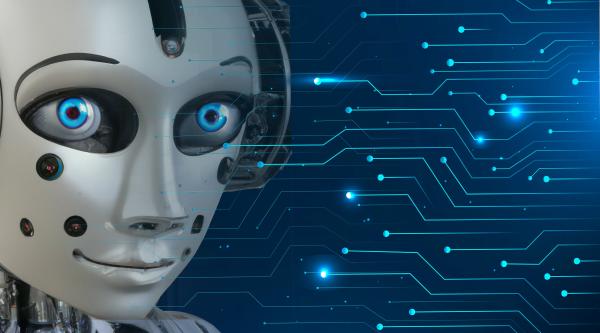 Roboter mit Headset und Mikrofon